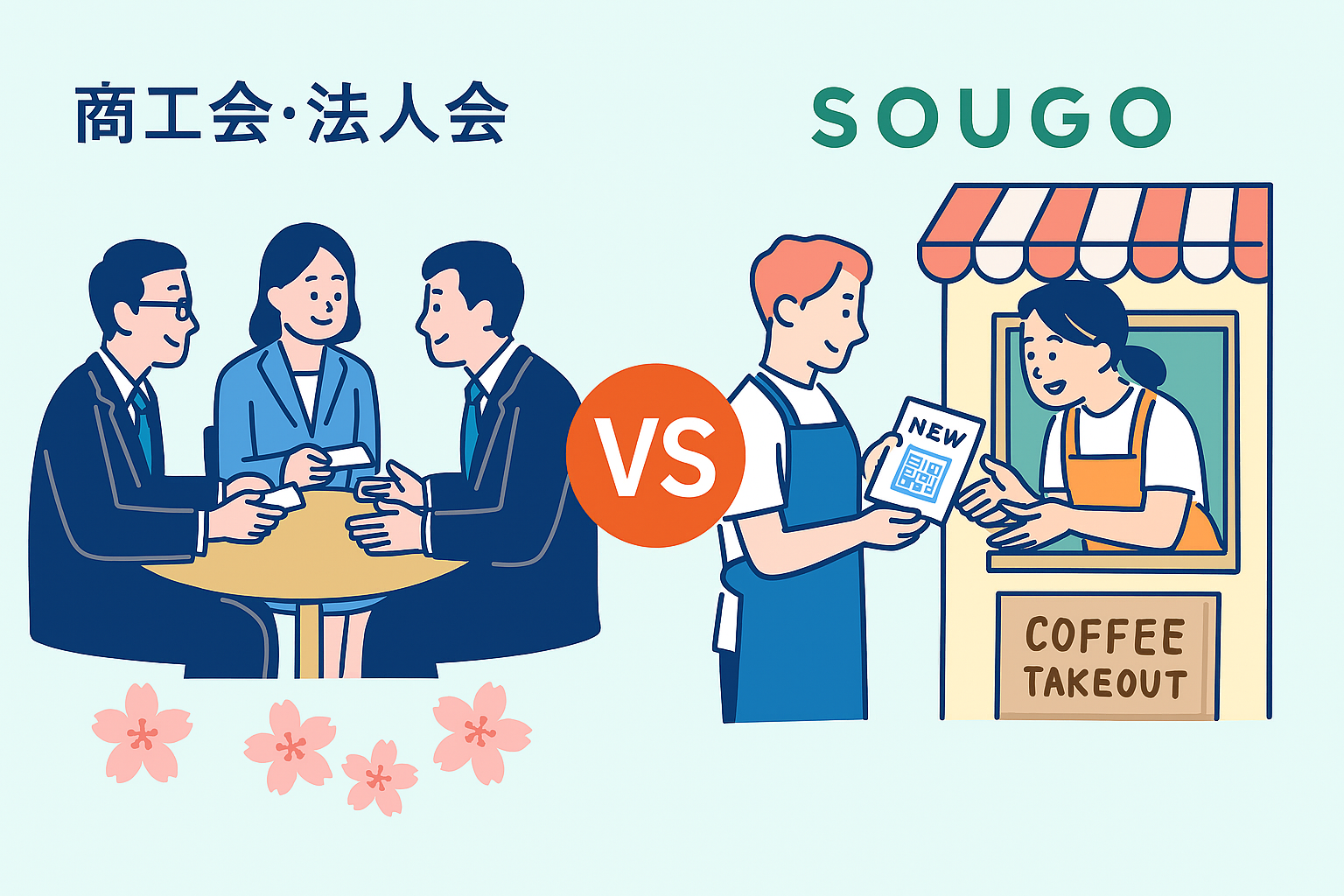 商工会・法人会とSOUGOの交流スタイルを比較するイラスト。左は会合で名刺交換、右は店舗でチラシ設置とQRコード連携。